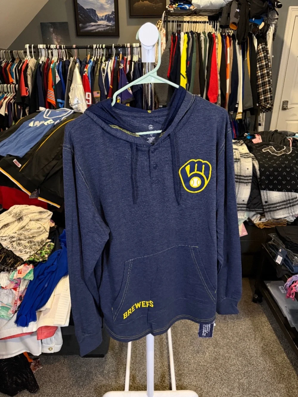 Milwaukee Brewers True Fan MLB Lightweight Hooded Henley Shirt Navy Men’s M NWT